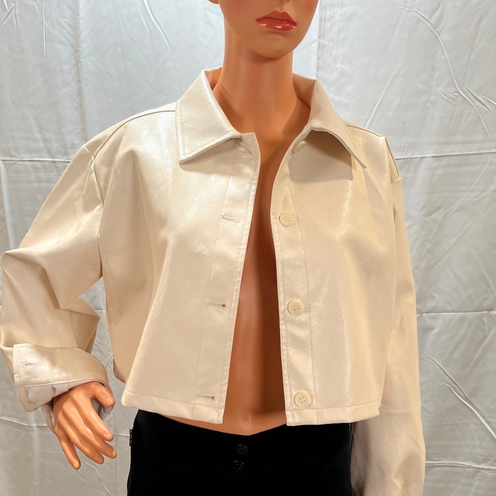 Cropped white faux leather jacket